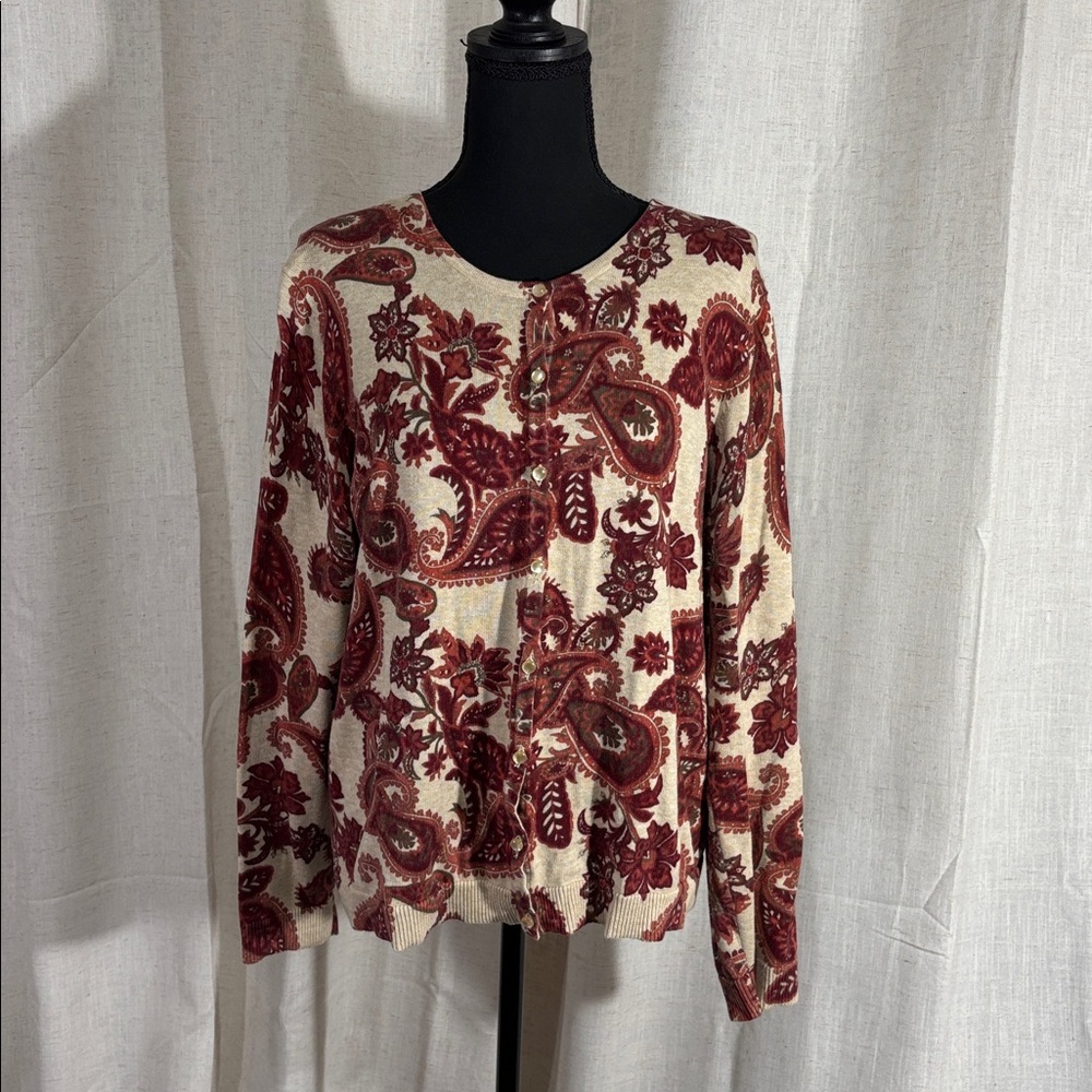 Croft & Barrow Burgundy Red and Cream Cardigan Sweater - Picture 2 of 8